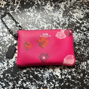 Coach Pink Floral Leather Wristlet Clutch with Chain Strap